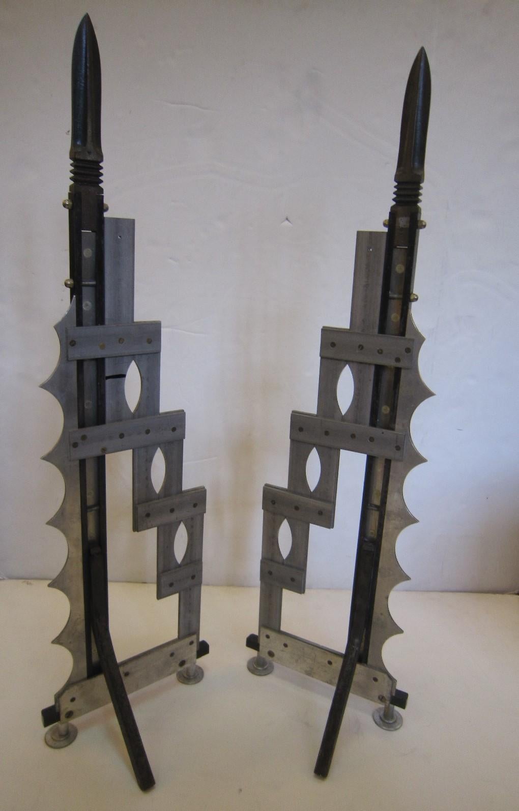 Pair of Very Tall Art Deco Revival Andirons, Handcrafted in Iron and Steel For Sale 5
