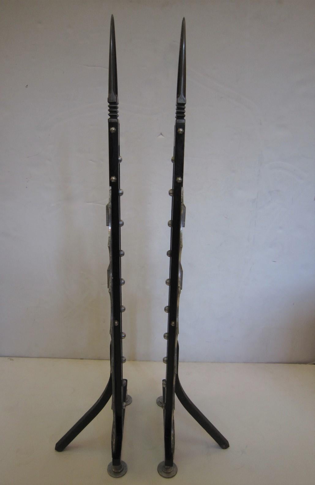 Pair of Very Tall Art Deco Revival Andirons, Handcrafted in Iron and Steel For Sale 6