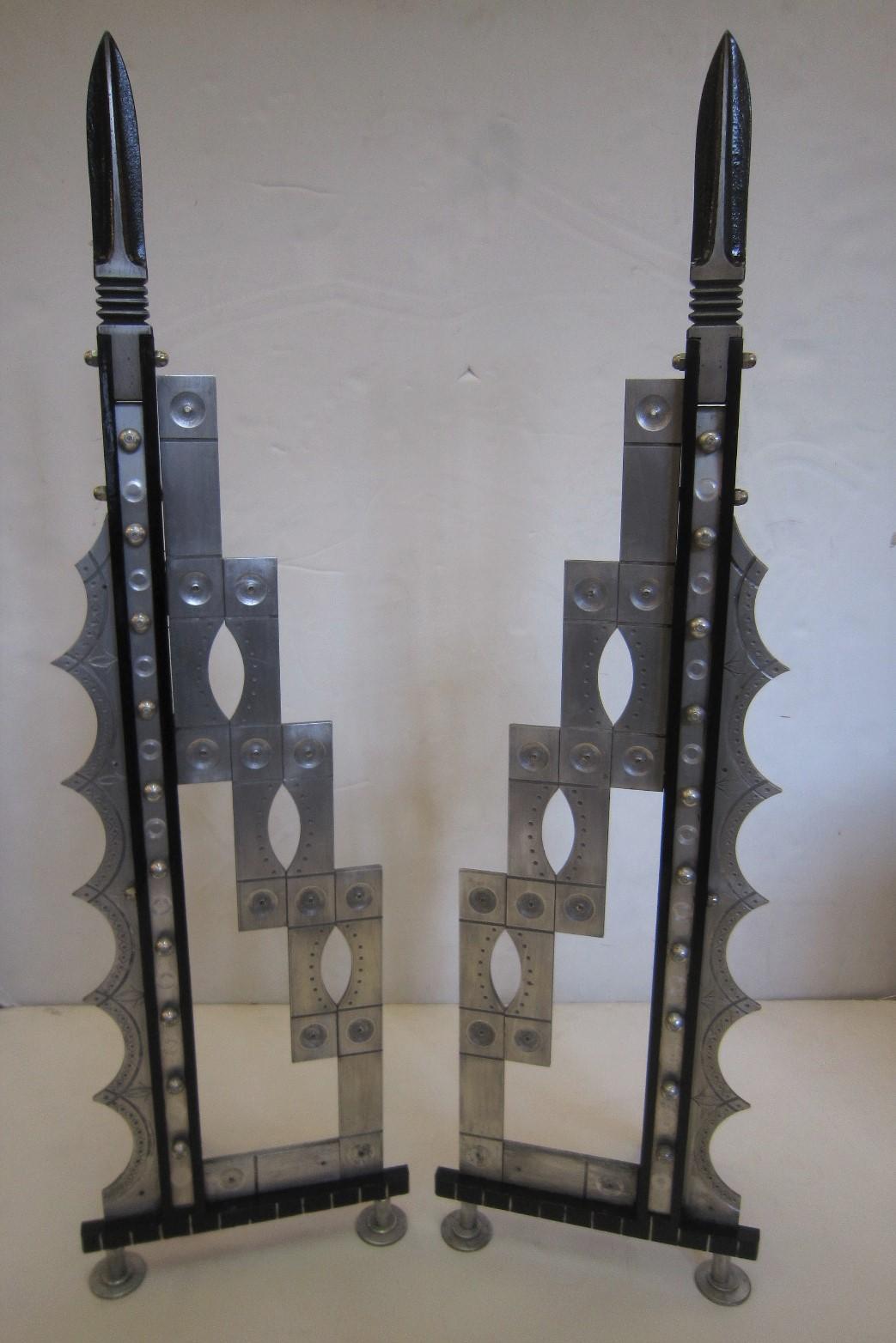 Post-Modern Pair of Very Tall Art Deco Revival Andirons, Handcrafted in Iron and Steel For Sale