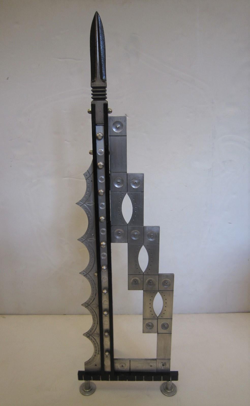 20th Century Pair of Very Tall Art Deco Revival Andirons, Handcrafted in Iron and Steel For Sale