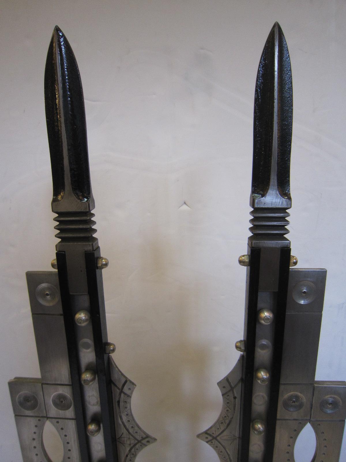 Pair of Very Tall Art Deco Revival Andirons, Handcrafted in Iron and Steel For Sale 2