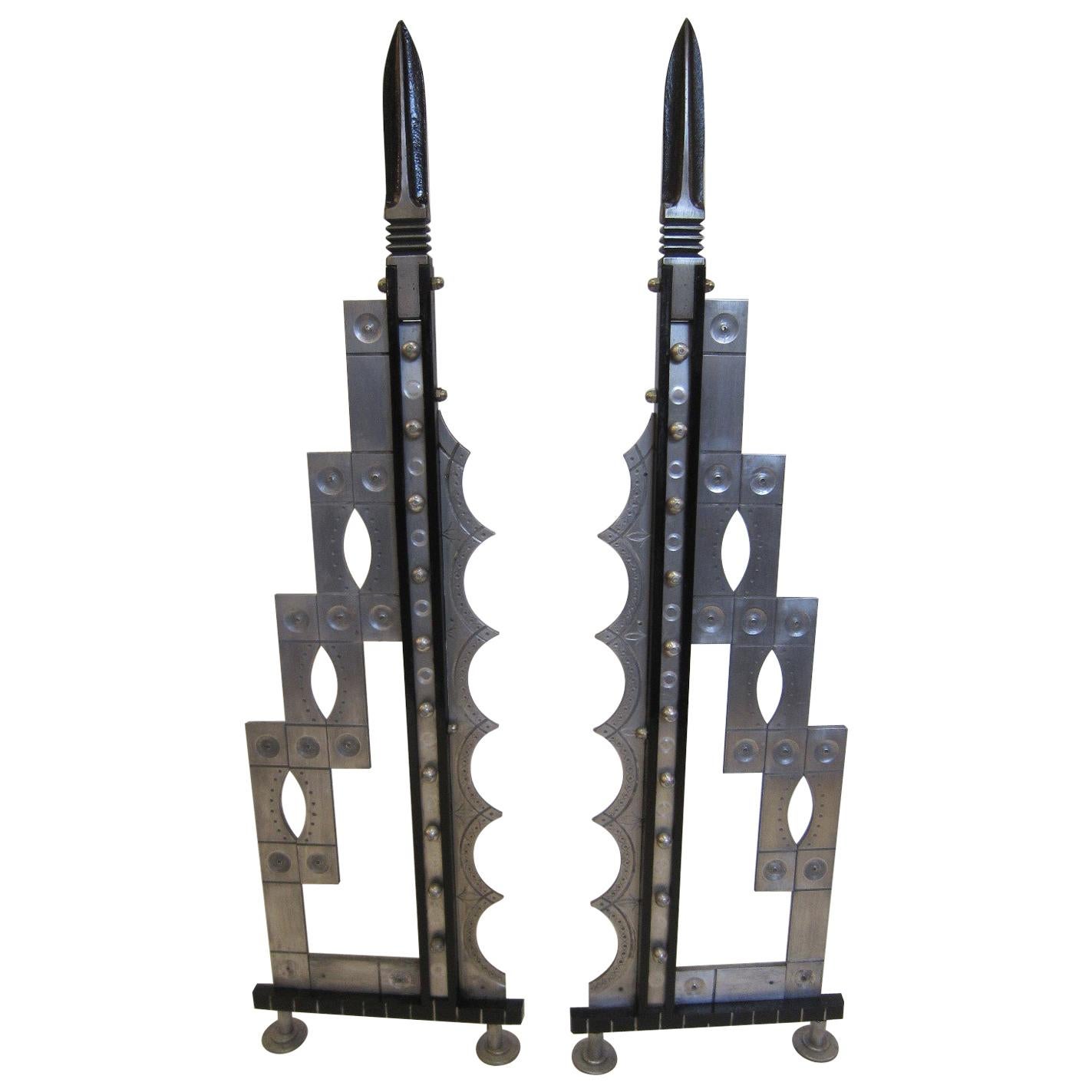 Pair of Very Tall Art Deco Revival Andirons, Handcrafted in Iron and Steel For Sale