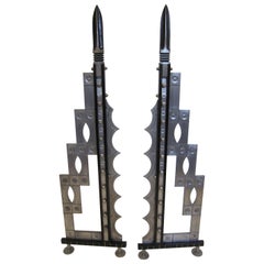 Pair of Very Tall Art Deco Revival Andirons, Handcrafted in Iron and Steel