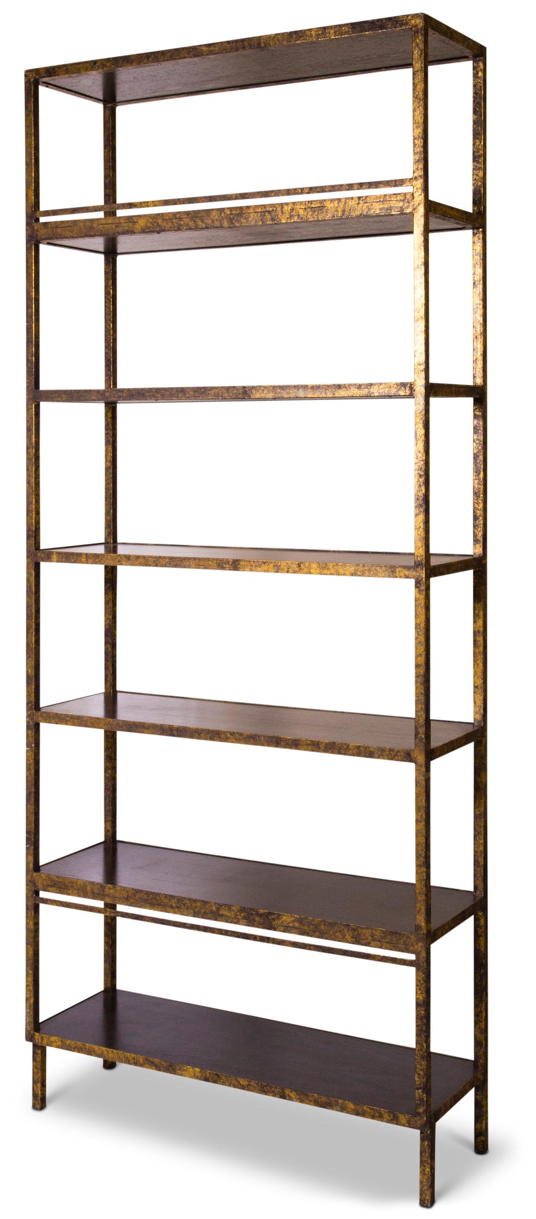 Beautiful pair of tall hand painted faux antique brass bookcases with walnut shelves. An elegant addition to living rooms, dining rooms or a home office. These high quality shelving units are made of heavy sturdy steel, newly constructed. The walnut