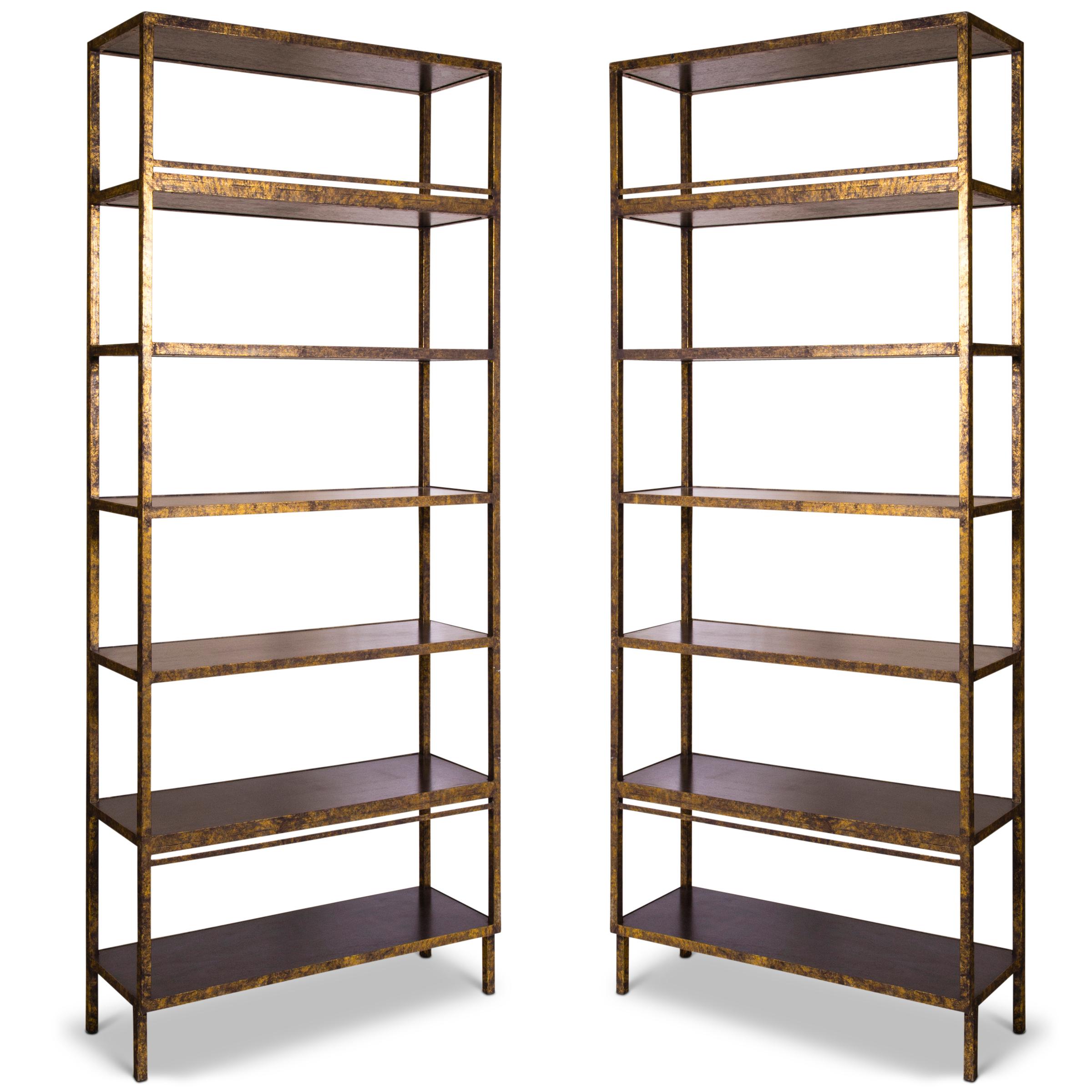 Modern Pair of Very Tall Hand Painted Faux Antique Brass Bookcases with Walnut Shelves