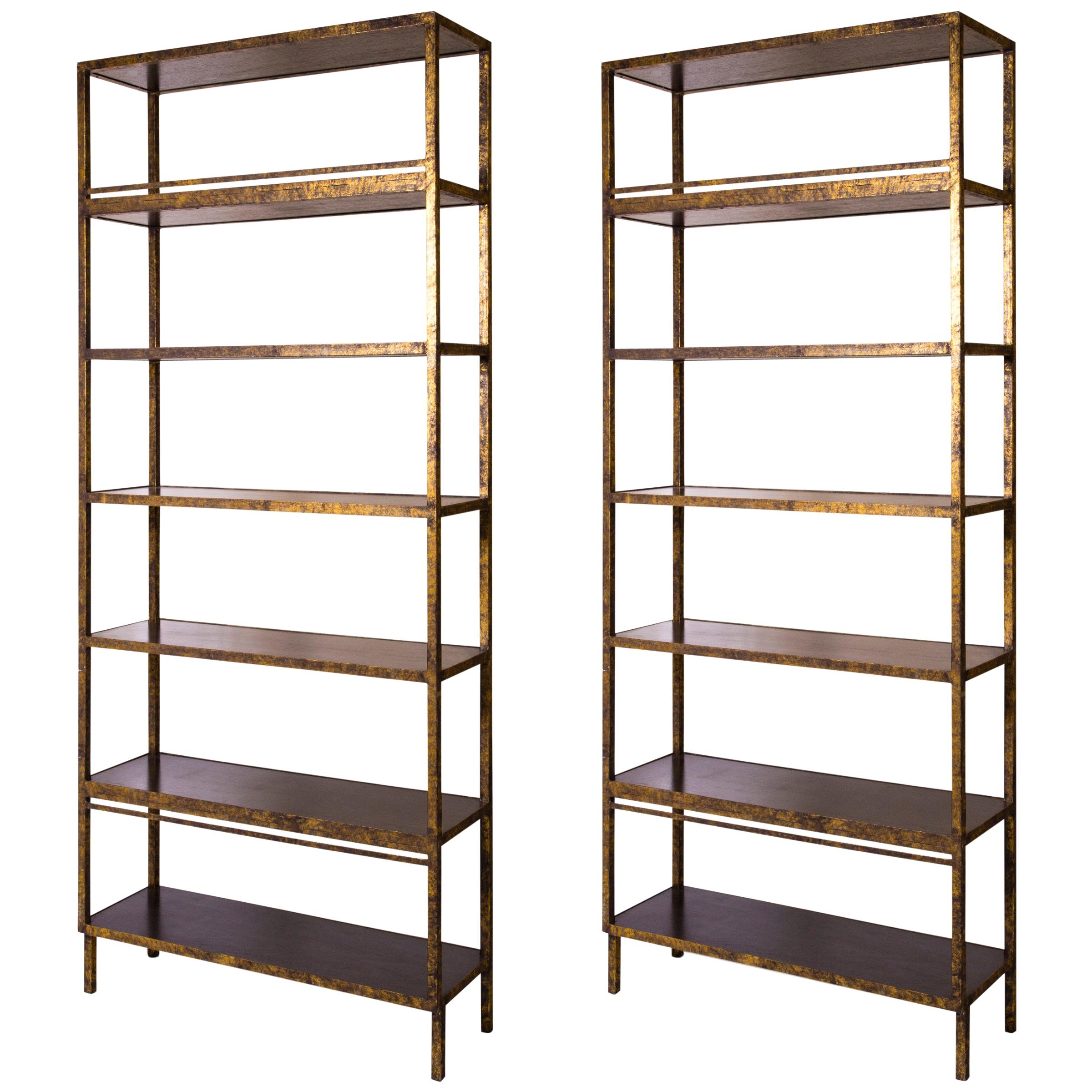 Pair of Very Tall Hand Painted Faux Antique Brass Bookcases with Walnut Shelves