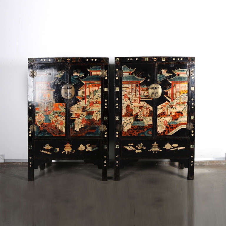 Polychromed Pair of Very Unusual and Rare 18th Century Chinese Qing Dynasty Cabinets