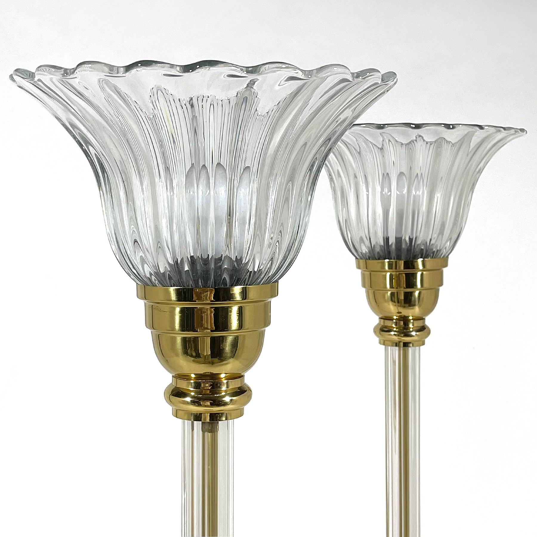 Hollywood Regency Pair of Vetri Artistica Murano Glass and Brass Torchiers For Sale