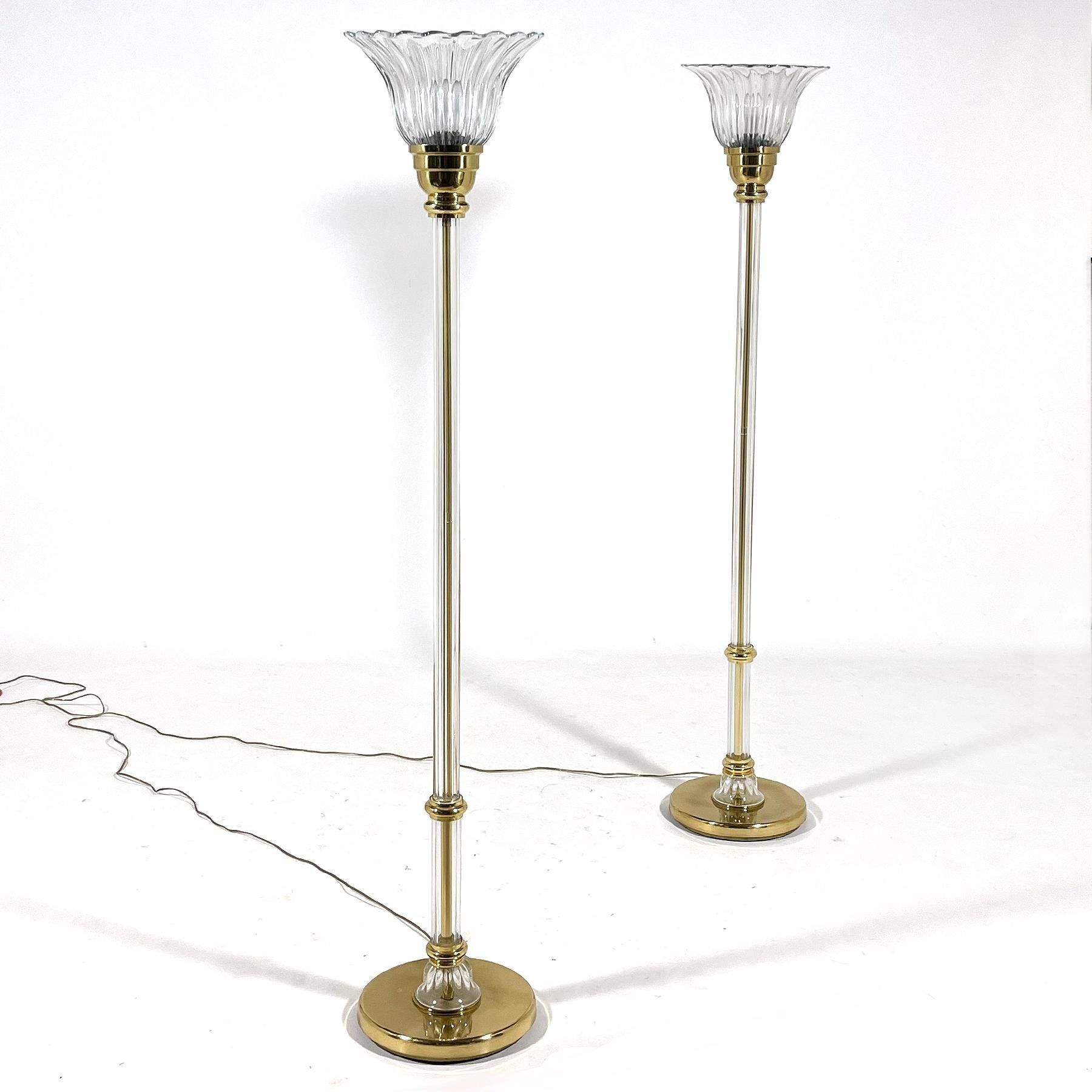 Late 20th Century Pair of Vetri Artistica Murano Glass and Brass Torchiers For Sale