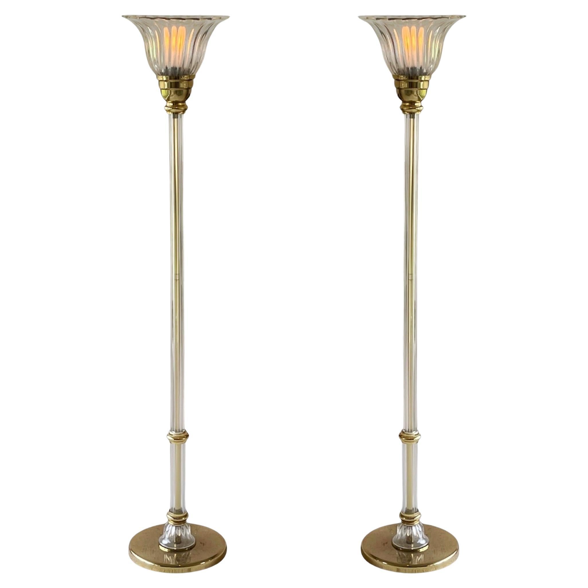 Pair of Vetri Artistica Murano Glass and Brass Torchiers For Sale