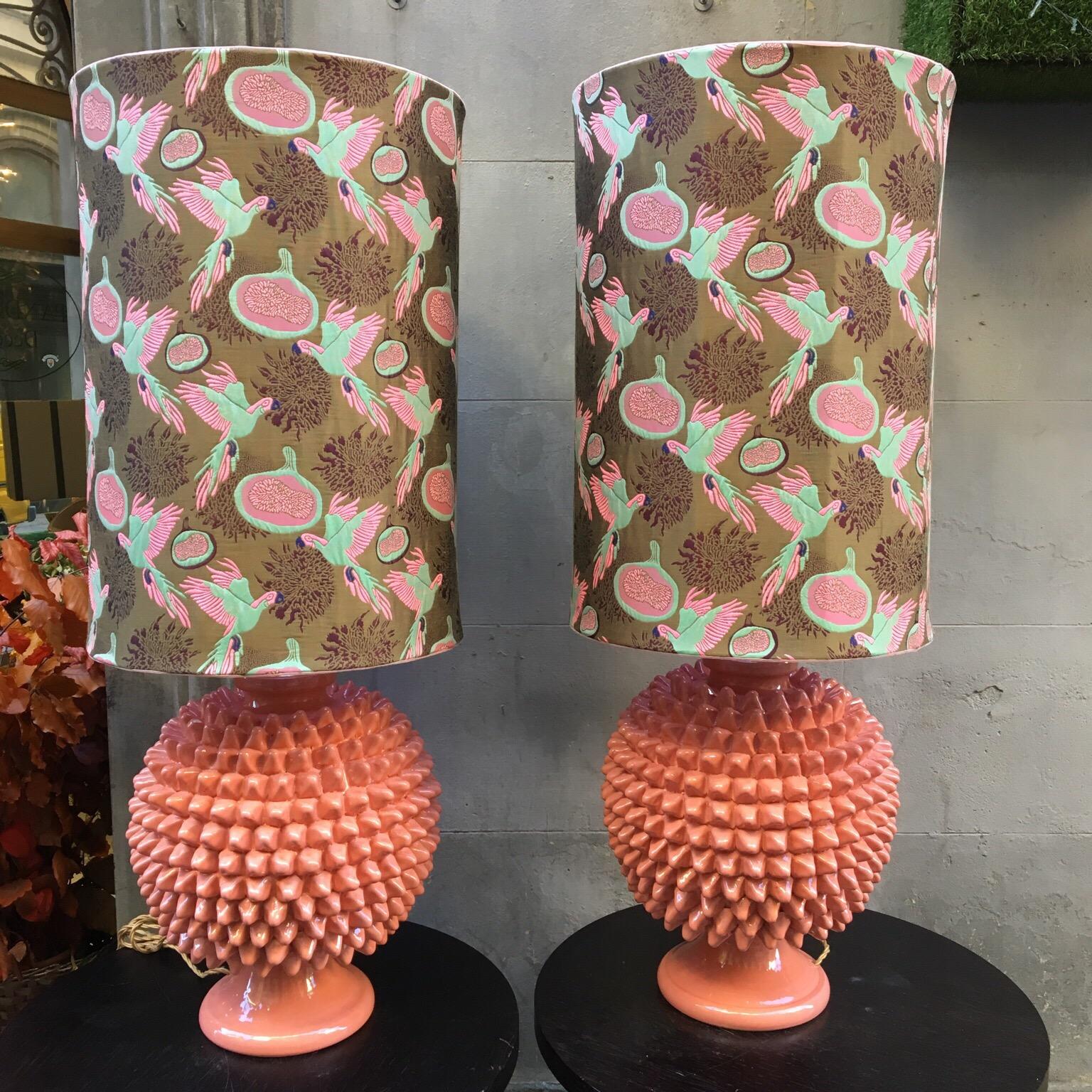 Mid-Century Modern Pair of Vetrified Majolica Lamps Gucci Fabric, Salmon Pink Pine Cone Shape, 1950