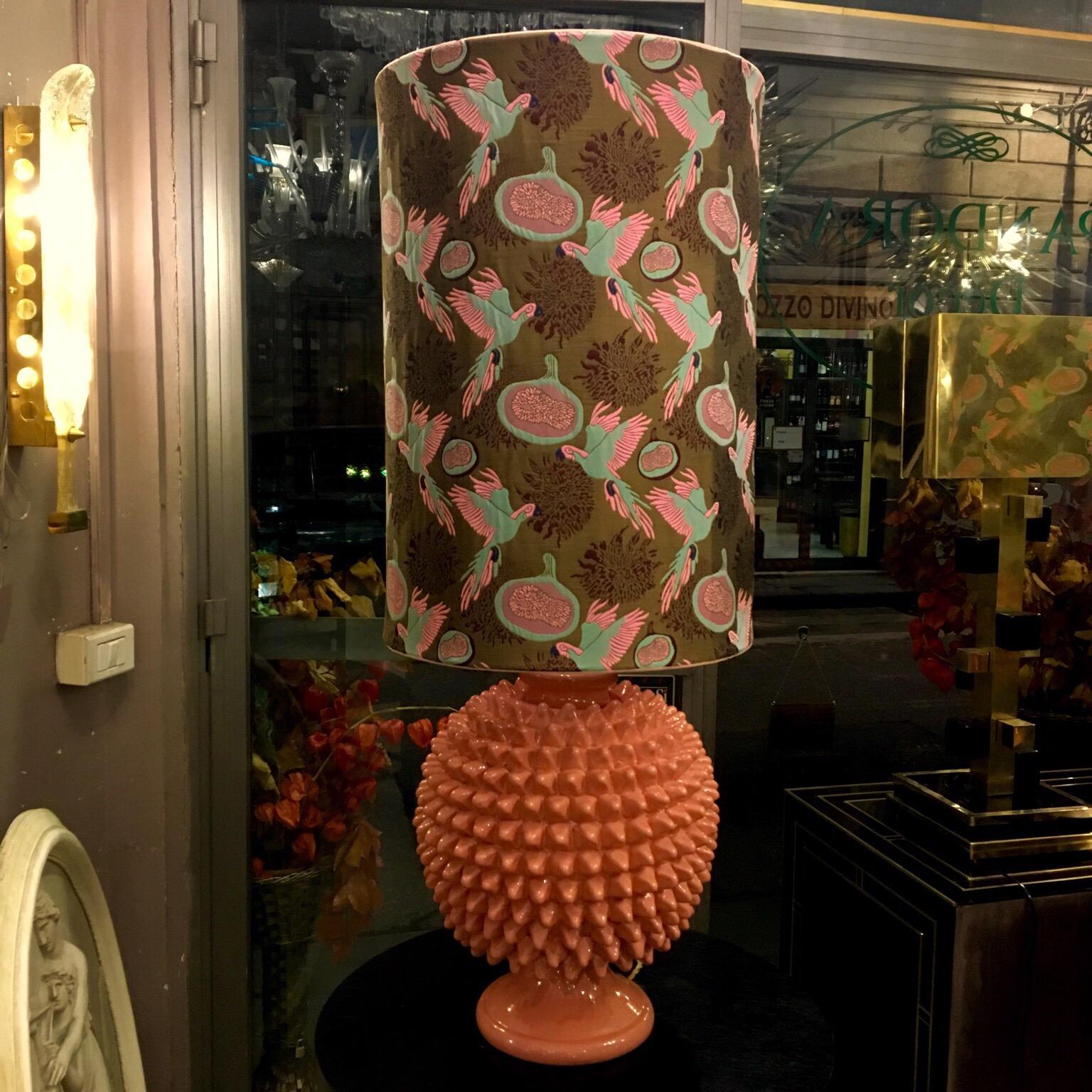 Pair of Vetrified Majolica Lamps Gucci Fabric, Salmon Pink Pine Cone Shape, 1950 1