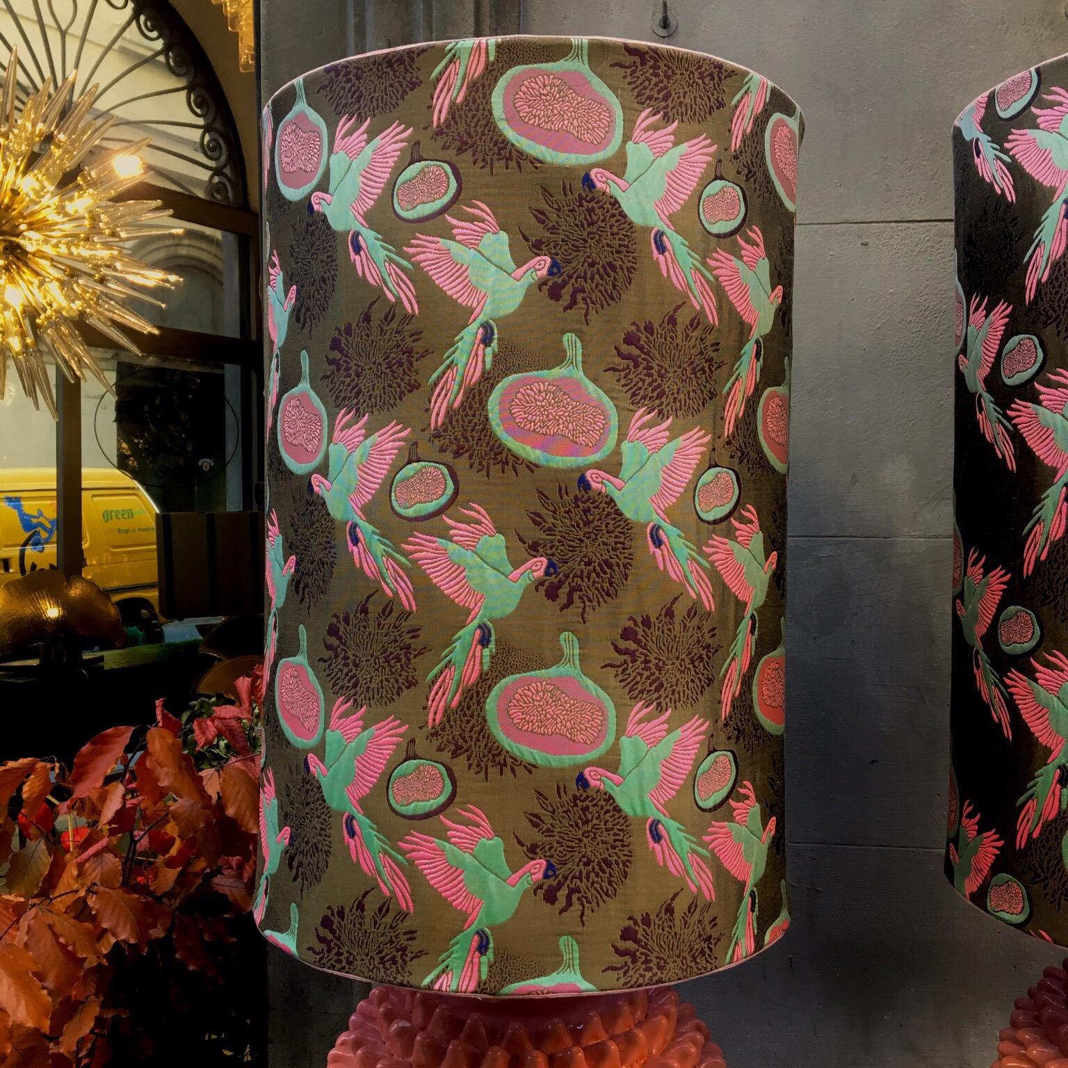 Pair of Vetrified Majolica Lamps Gucci Fabric, Salmon Pink Pine Cone Shape, 1950 2