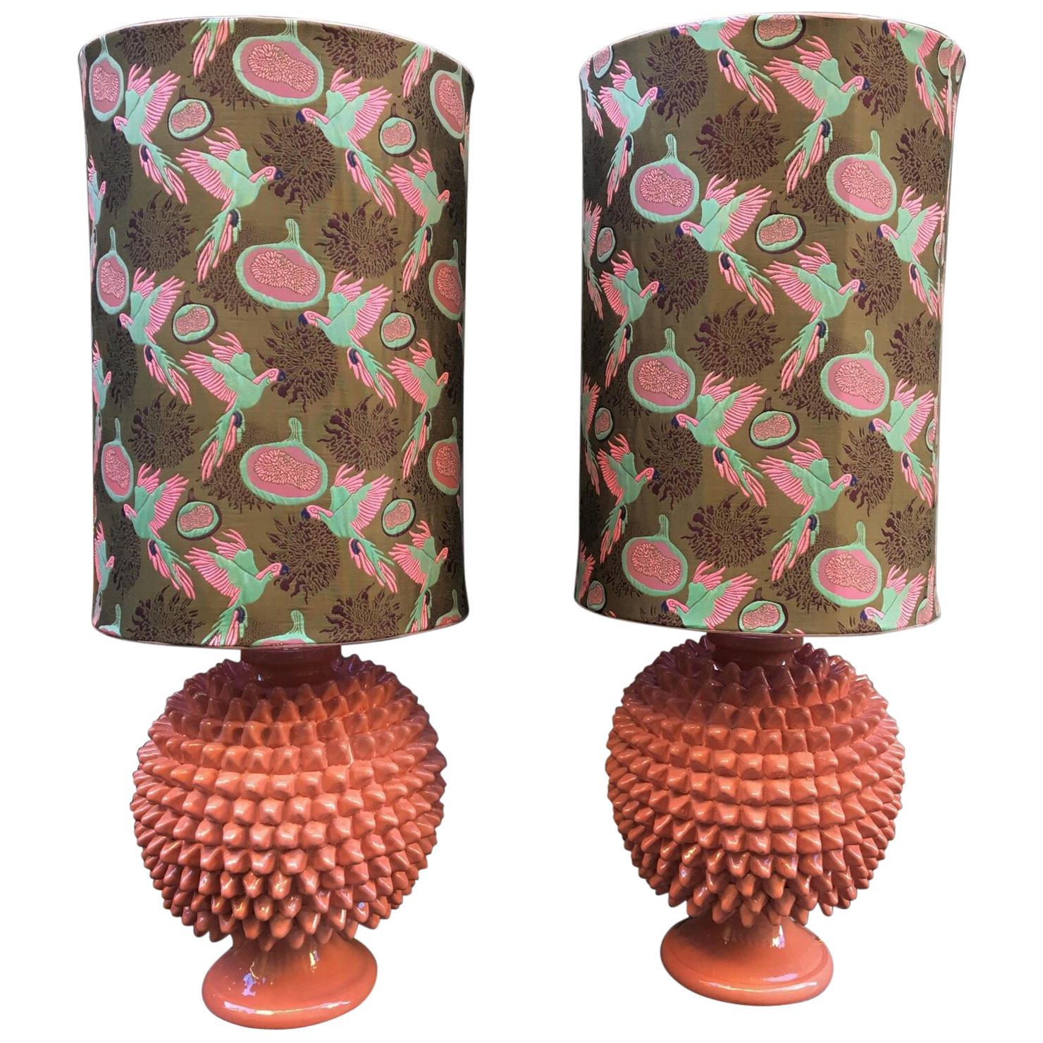 Pair of Vetrified Majolica Lamps Gucci Fabric, Salmon Pink Pine Cone Shape, 1950