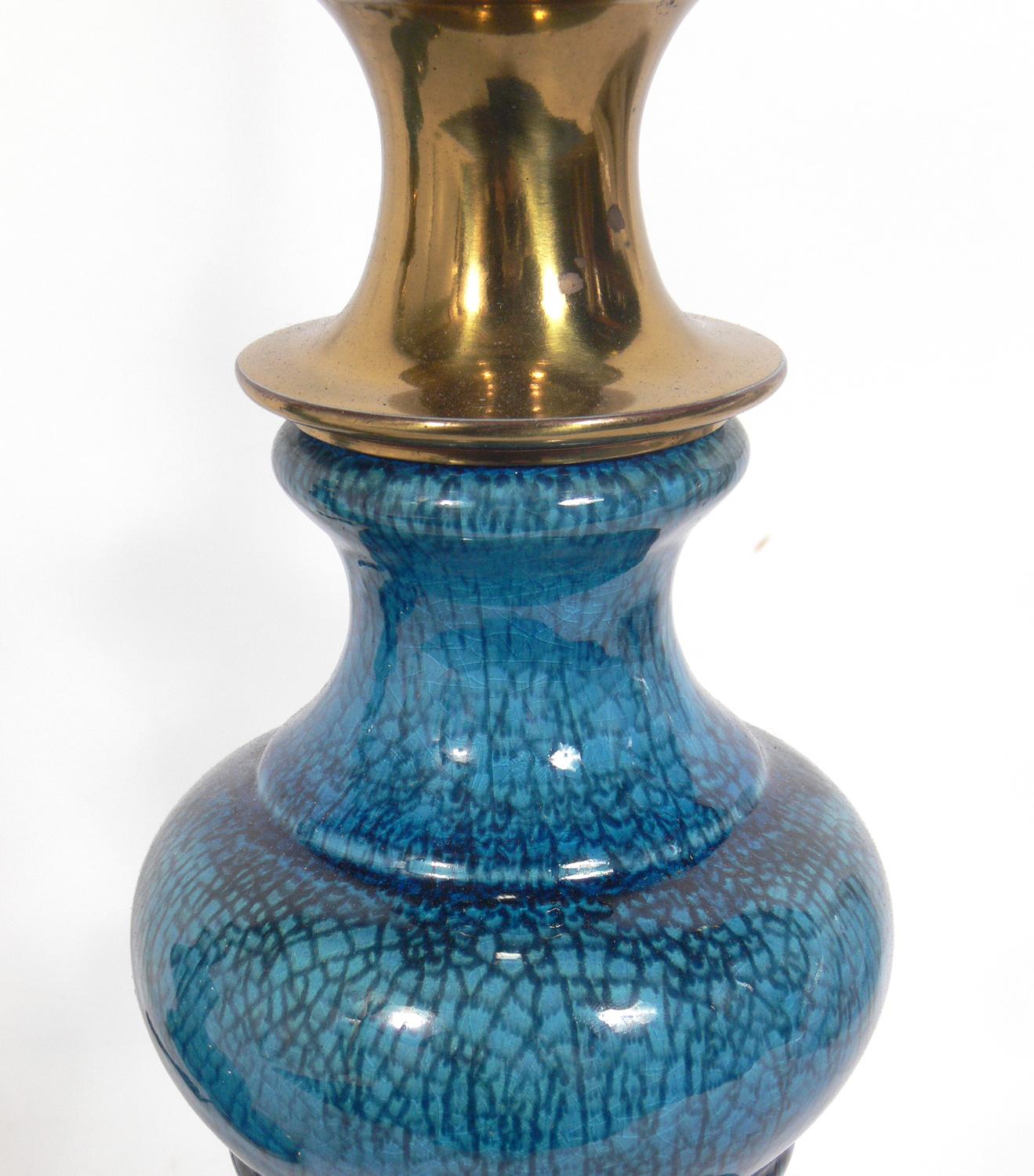 Pair of Vibrant Blue Ceramic Lamps by Stiffel In Good Condition In Atlanta, GA