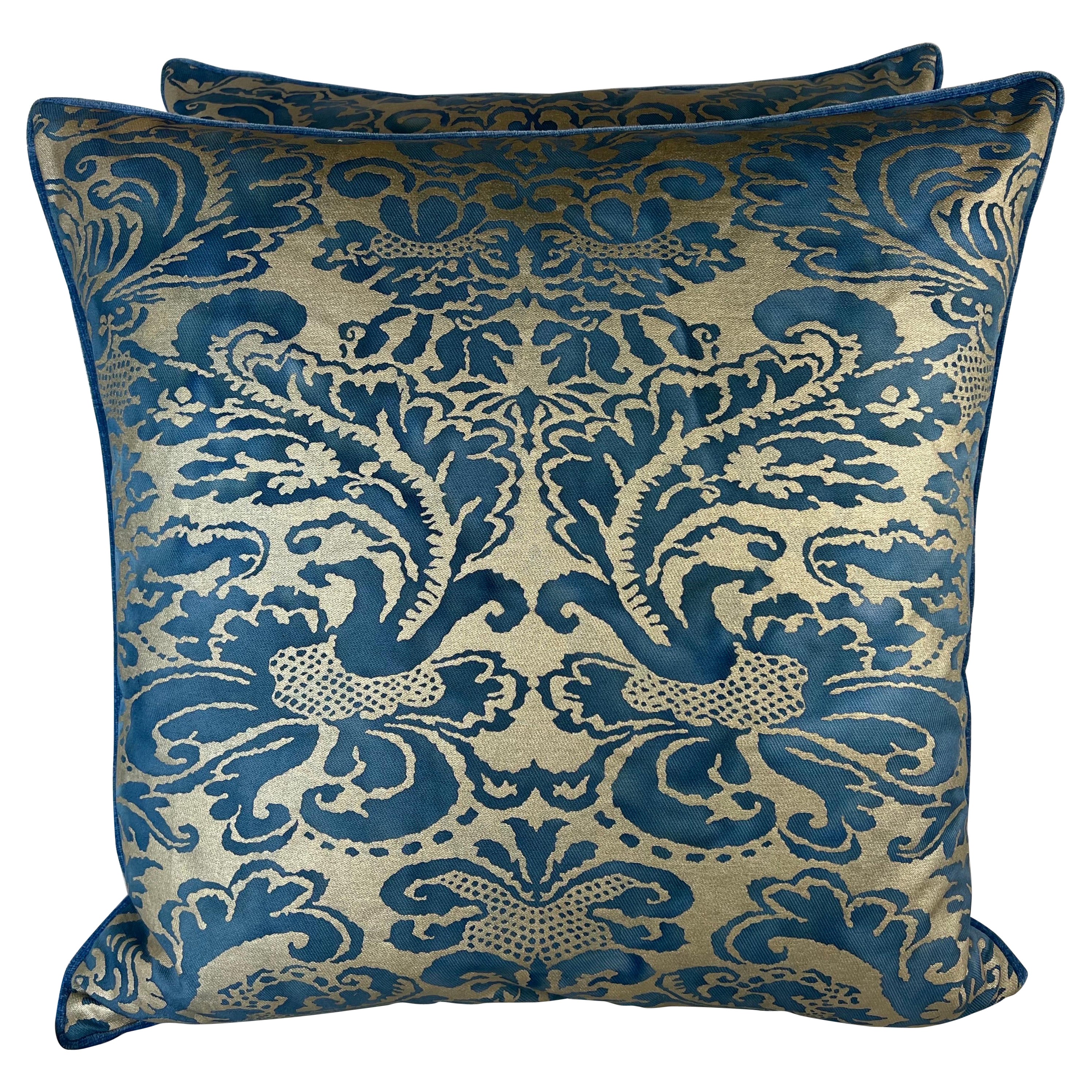 Pair of Vibrant Blue 
Gold Metallic Fortuny Textile Pillows
