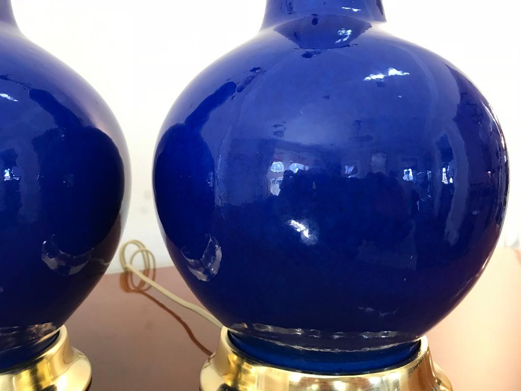 Pair of Vibrant Blue Porcelain Lamps on 23-Karat Water Gilt Bases 4