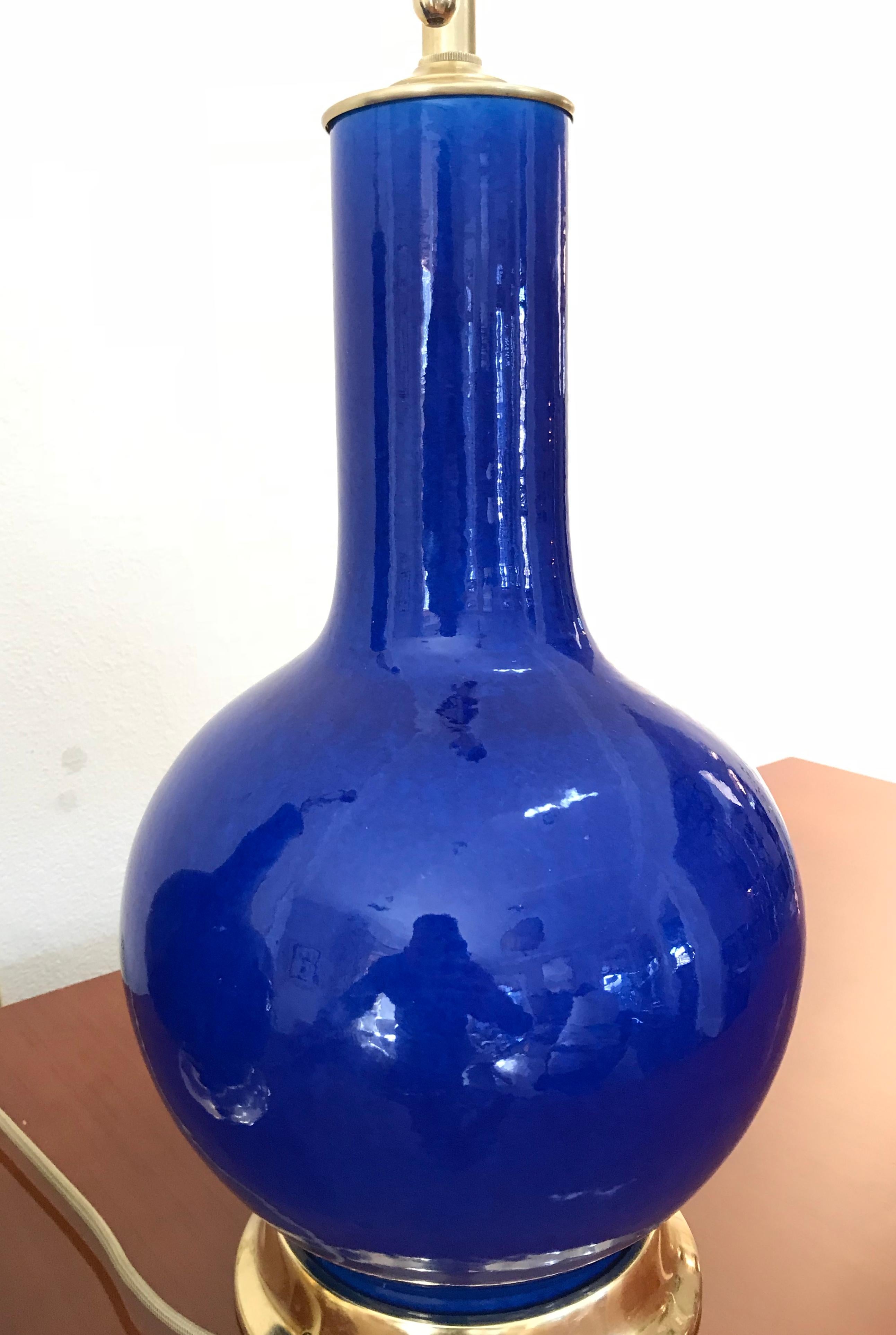 Pair of Vibrant Blue Porcelain Lamps on 23-Karat Water Gilt Bases 5
