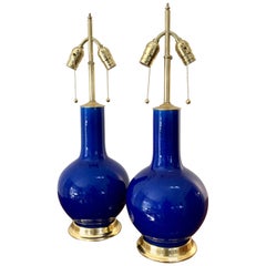 Pair of Vibrant Blue Porcelain Lamps on 23-Karat Water Gilt Bases