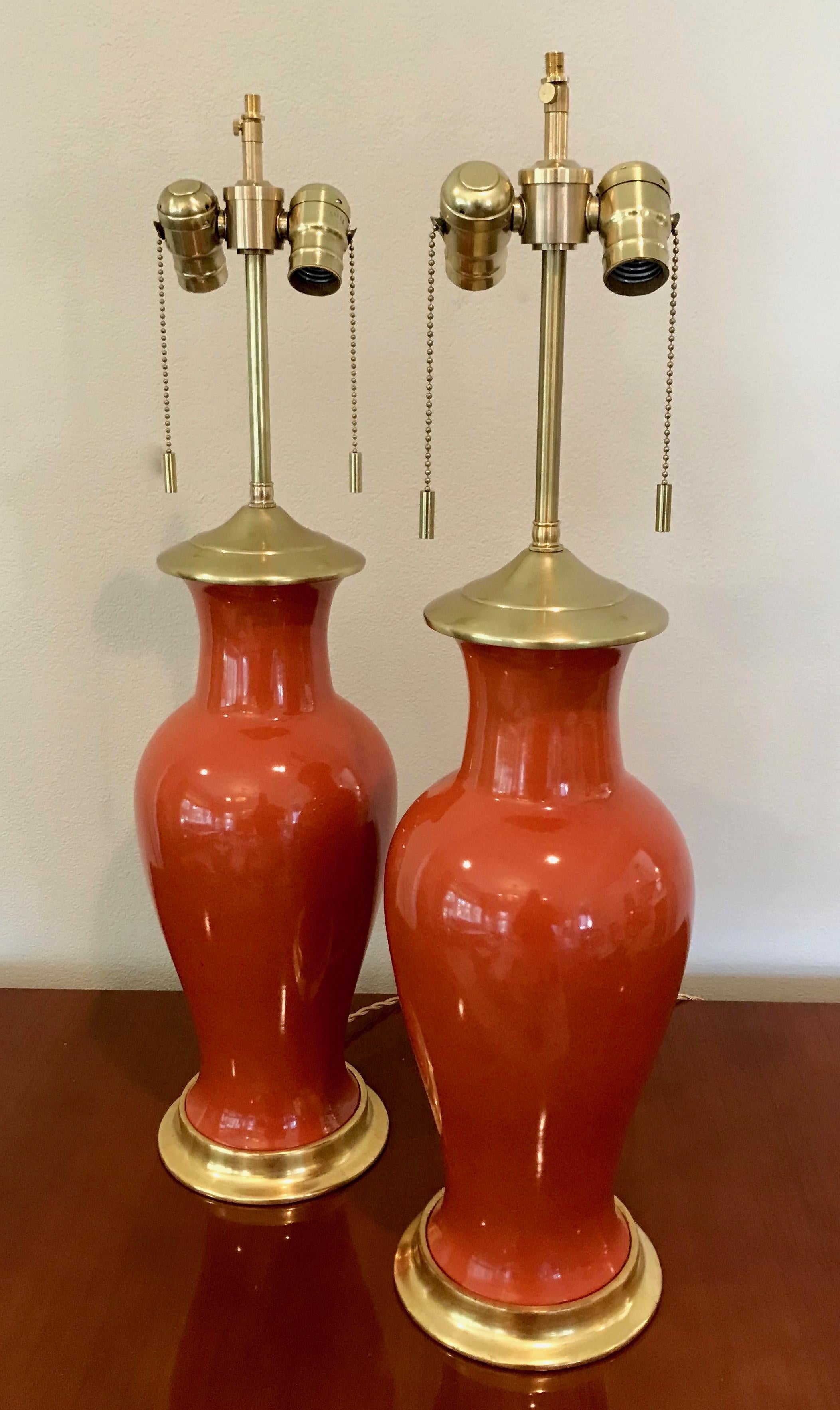 Japanese Pair of Vibrant Orange Porcelain Lamps on Water Gilt Bases