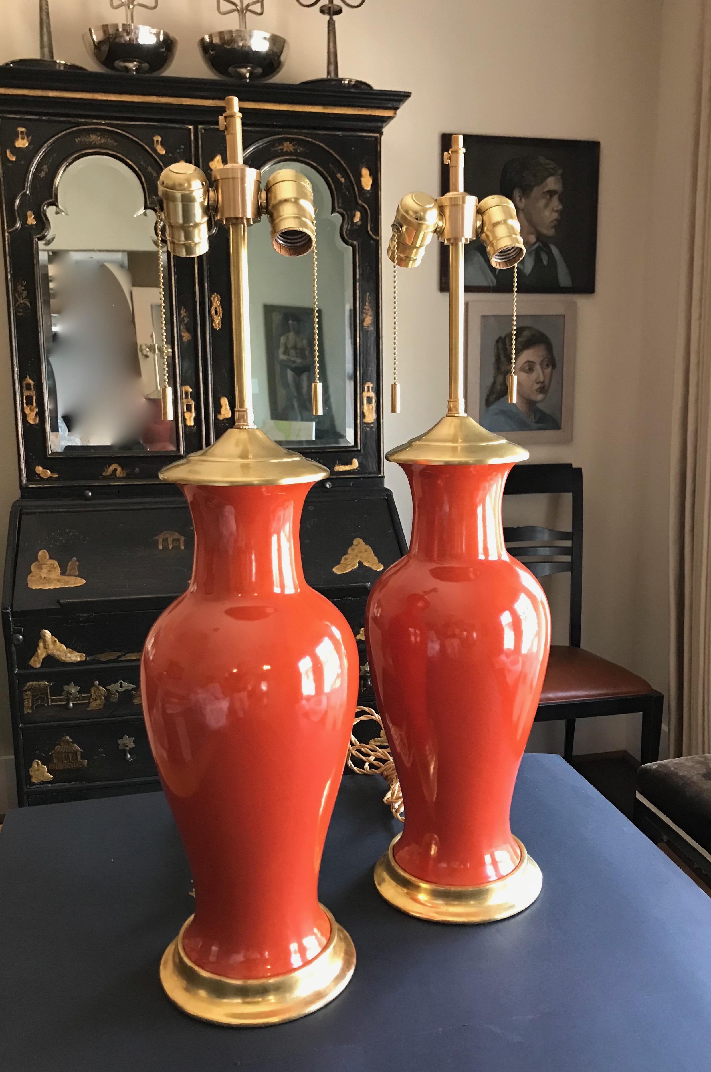 Mid-20th Century Pair of Vibrant Orange Porcelain Lamps on Water Gilt Bases