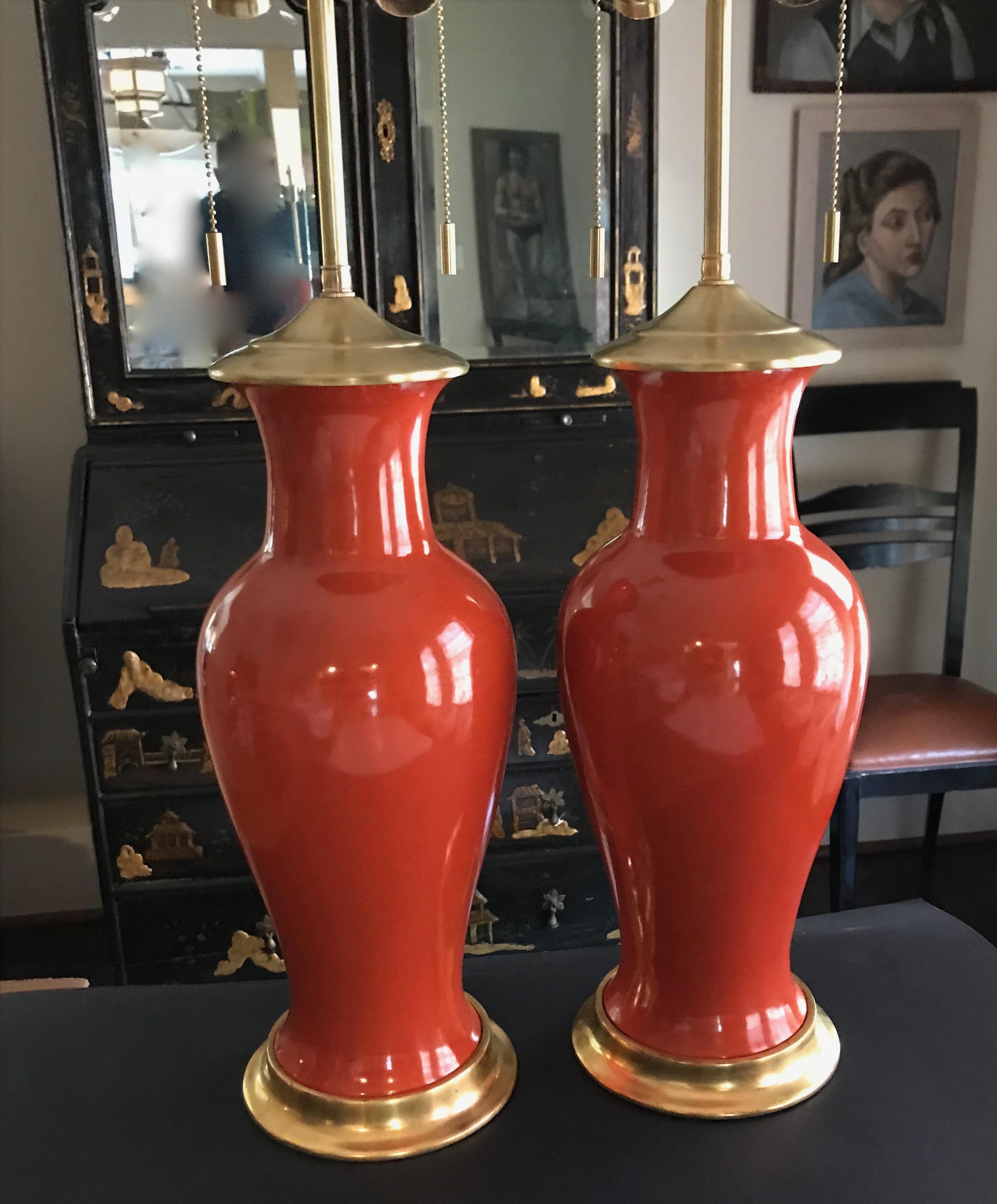 Wood Pair of Vibrant Orange Porcelain Lamps on Water Gilt Bases