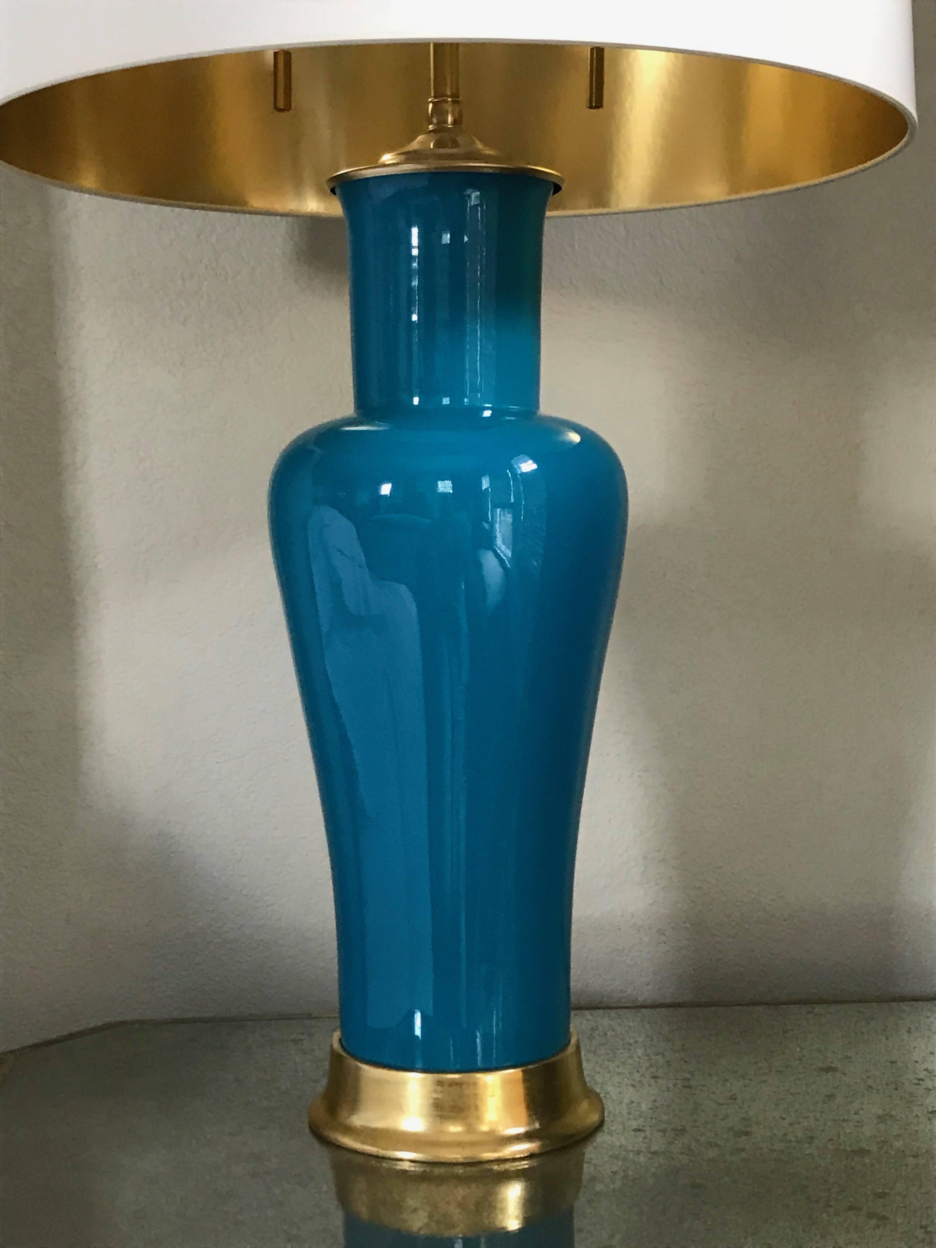 Pair of Vibrant Teal Porcelain Lamps on 23-Karat Water Giltwood Bases 3