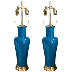 Pair of Vibrant Teal Porcelain Lamps on 23-Karat Water Giltwood Bases