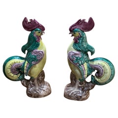 Antique Pair of Vibrantly Colored Chinese Ceramic Roosters 