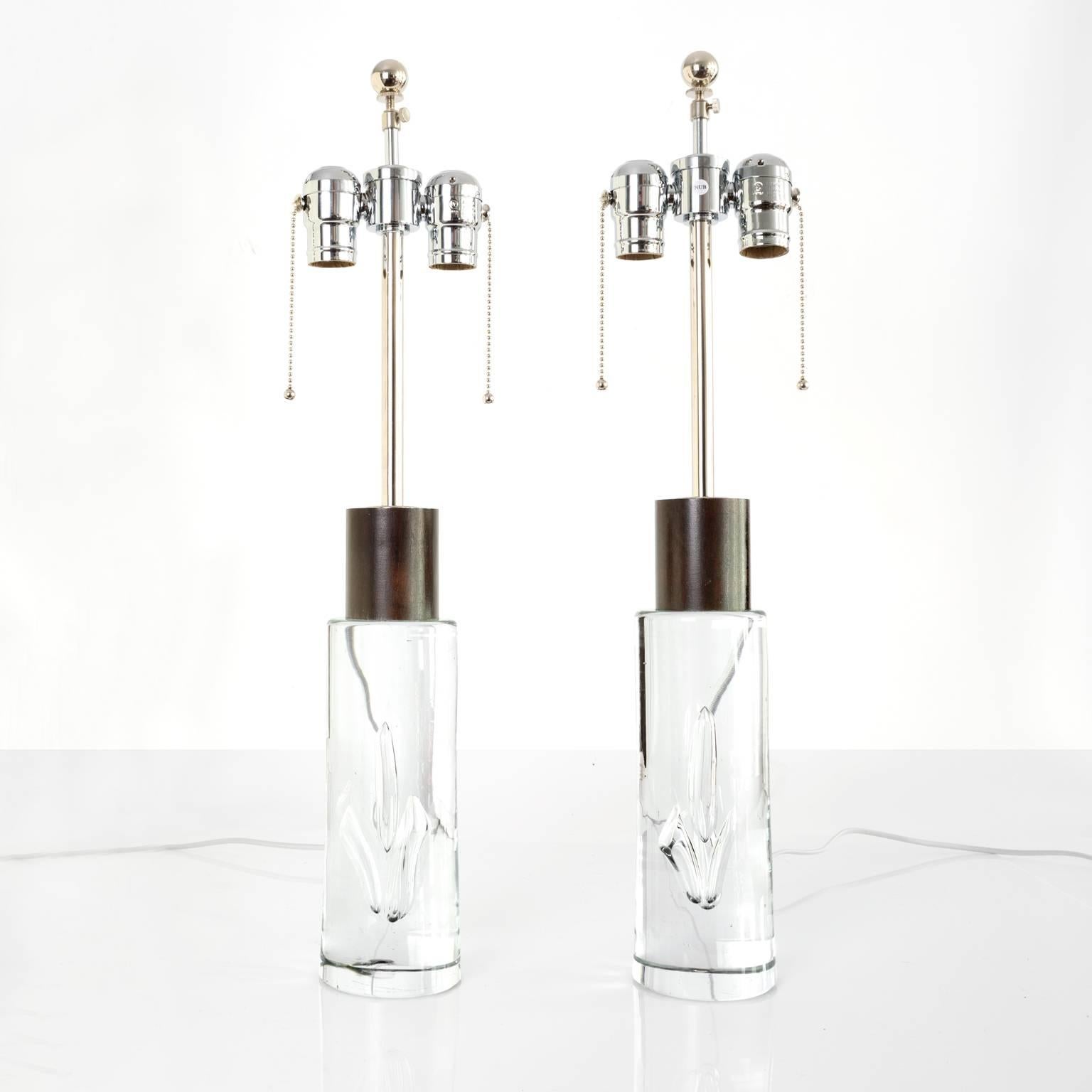 Scandinavian Modern Pair of Vicke Lindstrand Designed Solid Glass Table Lamps with Mahogany Details