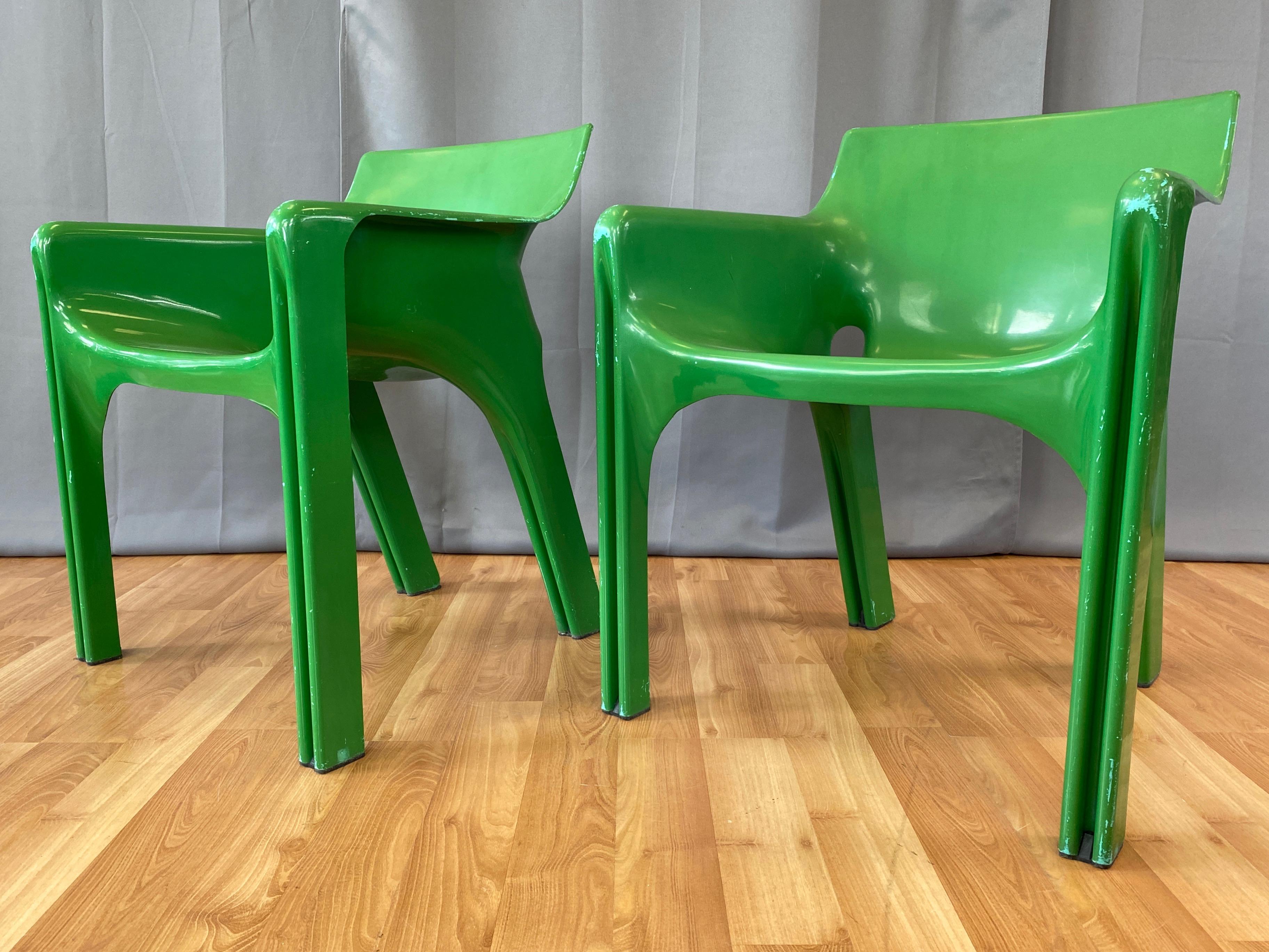An early 1970s pair of green Gaudi armchairs by Vico Magistretti for Artemide Milano.

The 1971 Gaudi armchair evolved out of the design of the 1968 stackable Selene chair, both of which are included in the permanent collection of the Museum of