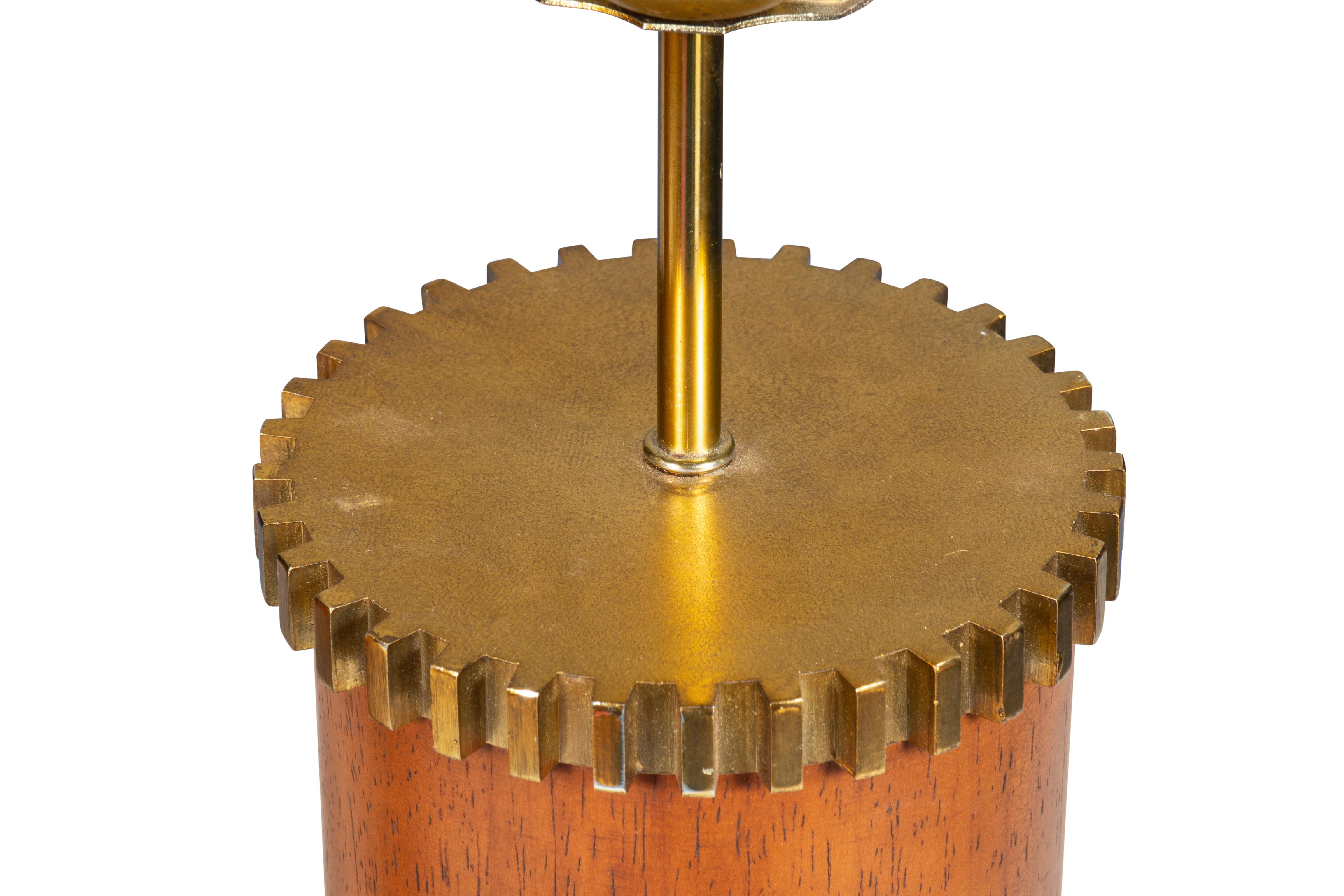 Pair of Victoria Hagan Walnut and Brass Gear Table Lamps For Sale 3