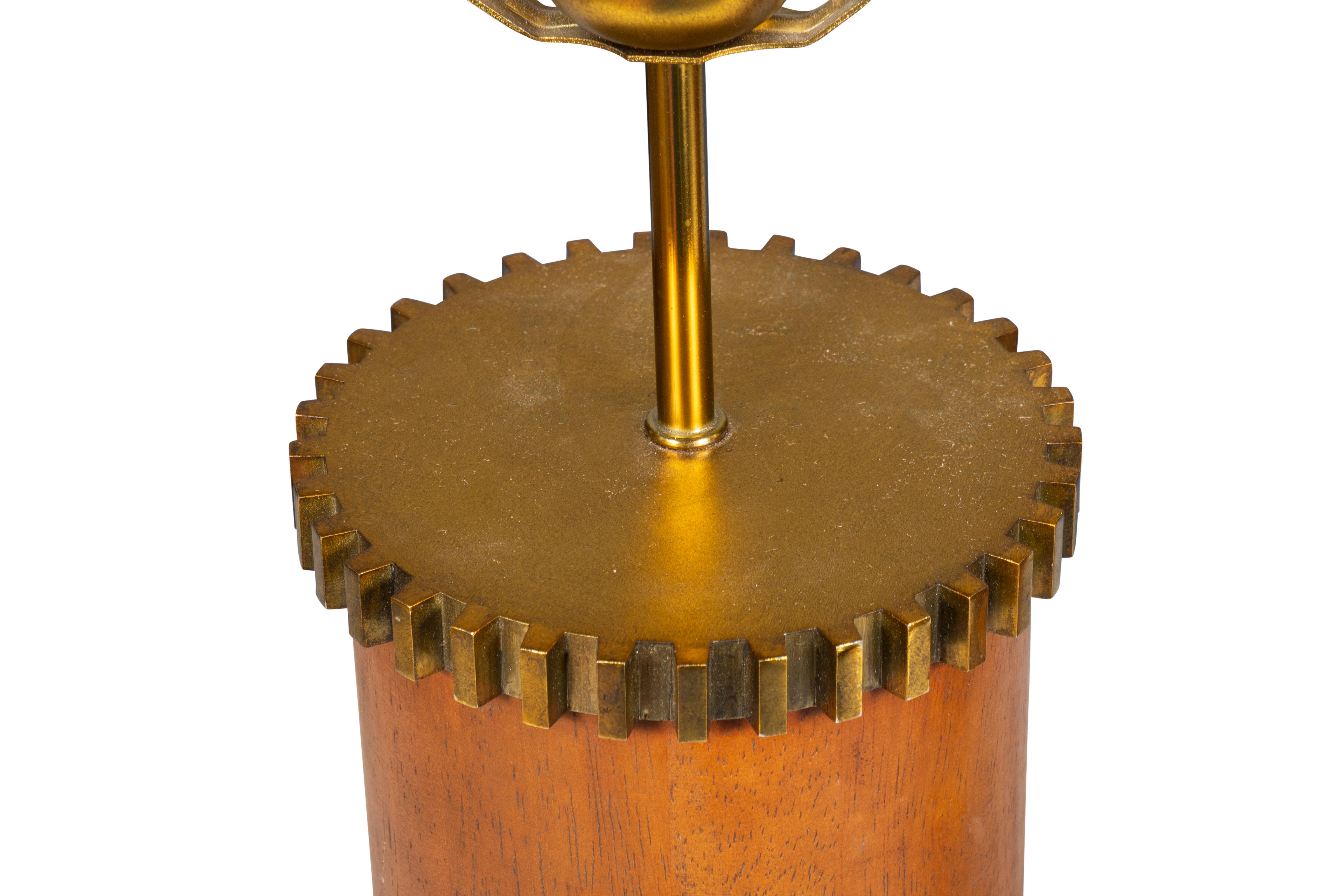 Pair of Victoria Hagan Walnut and Brass Gear Table Lamps For Sale 2