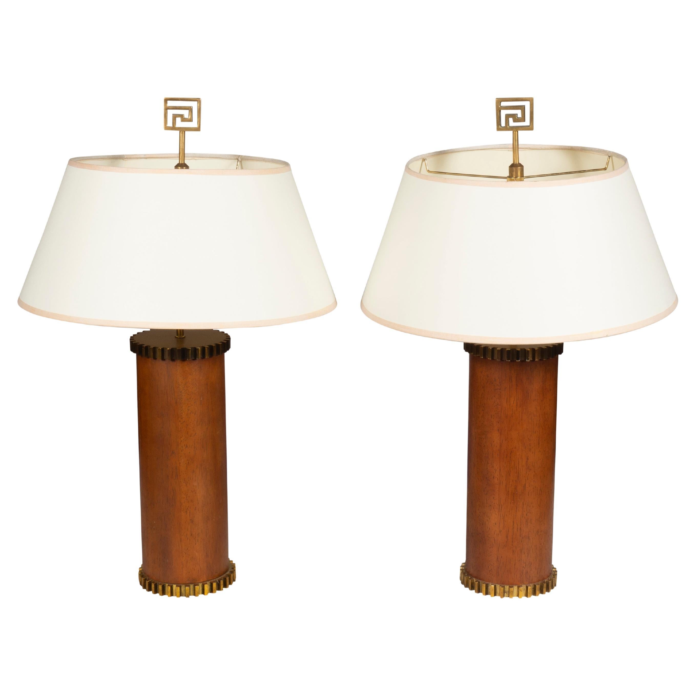 Pair of Victoria Hagan Walnut and Brass Gear Table Lamps For Sale