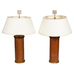 Used Pair of Victoria Hagan Walnut and Brass Gear Table Lamps