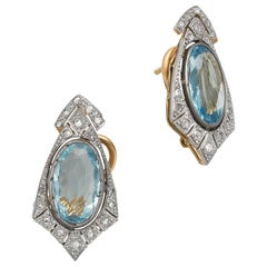 Antique Pair of Victorian 14 Karat Yellow Gold, Silver, Aquamarine, and Diamond Earrings