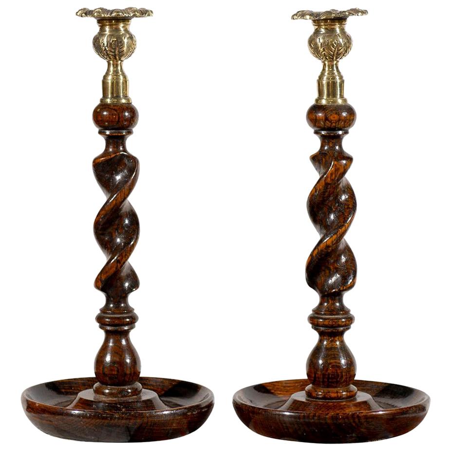 Pair of Victorian 1840s Barley Twist Oak and Brass Candlesticks from Scotland