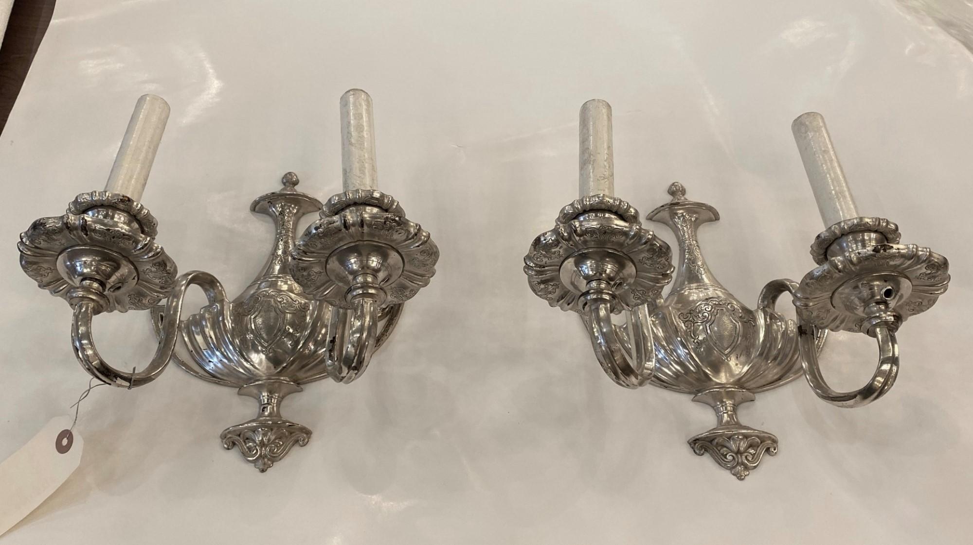 American Pair Victorian 2 Arm Wall Sconces Silver Plated Cast Brass For Sale
