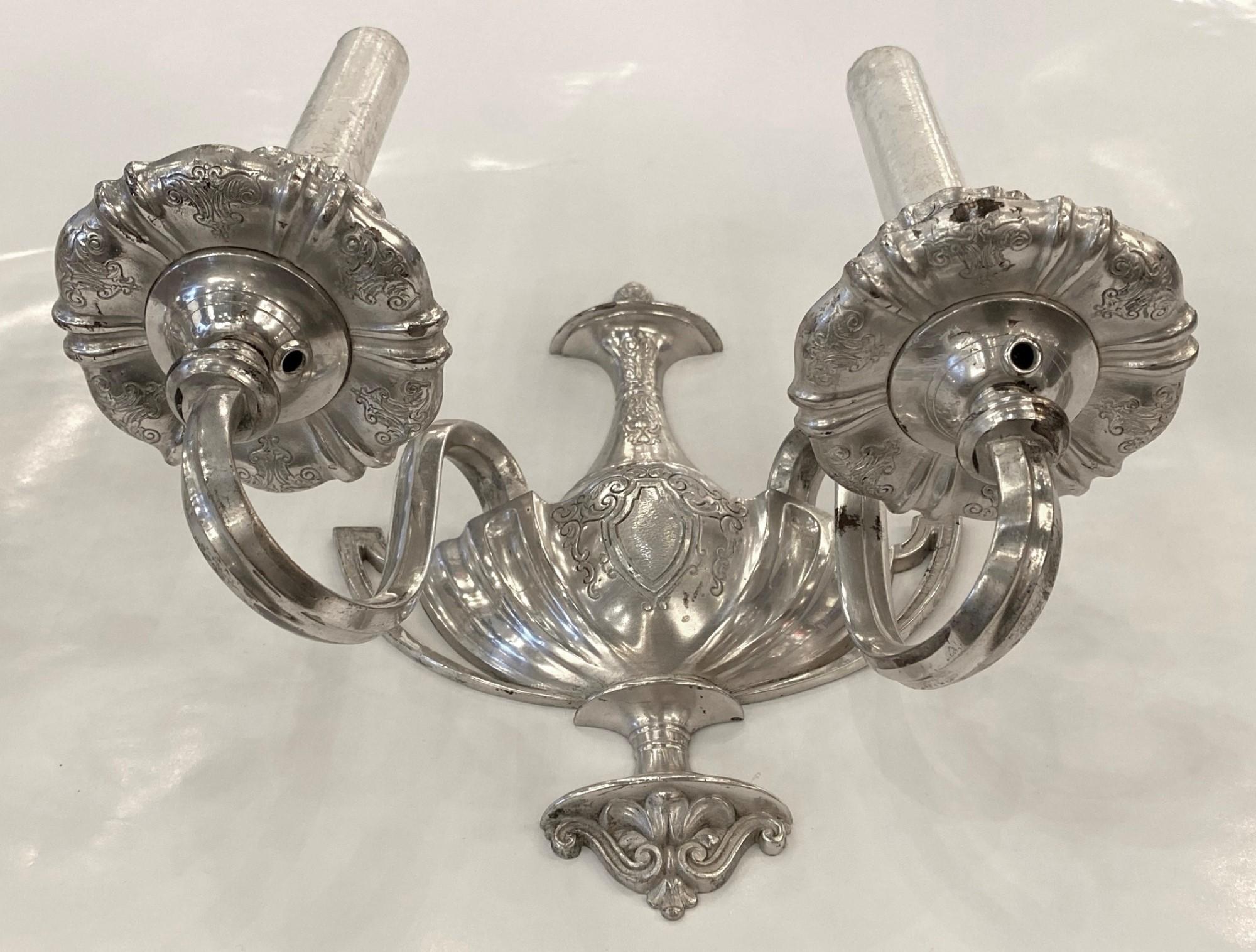 Silvered Pair Victorian 2 Arm Wall Sconces Silver Plated Cast Brass For Sale