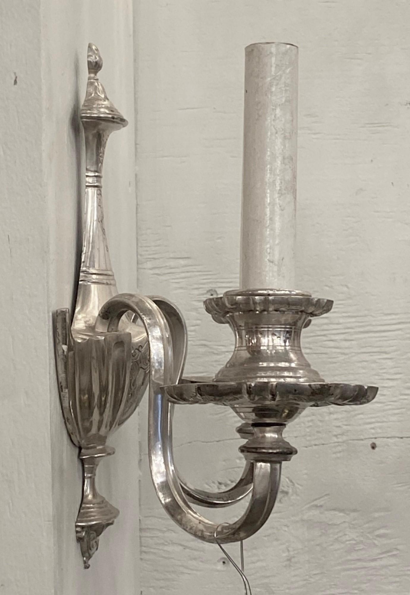 Pair Victorian 2 Arm Wall Sconces Silver Plated Cast Brass In Good Condition For Sale In New York, NY