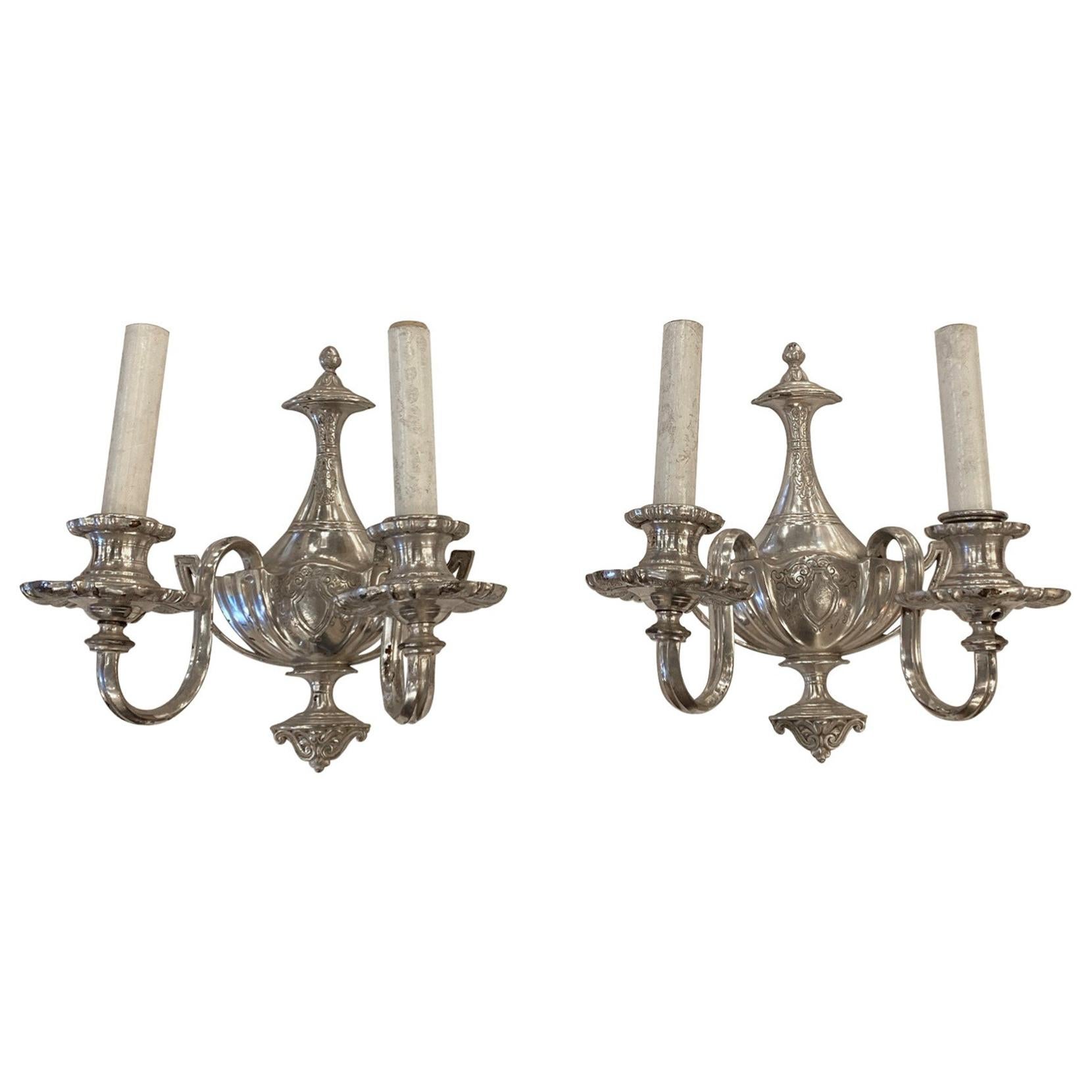 Pair Victorian 2 Arm Wall Sconces Silver Plated Cast Brass For Sale