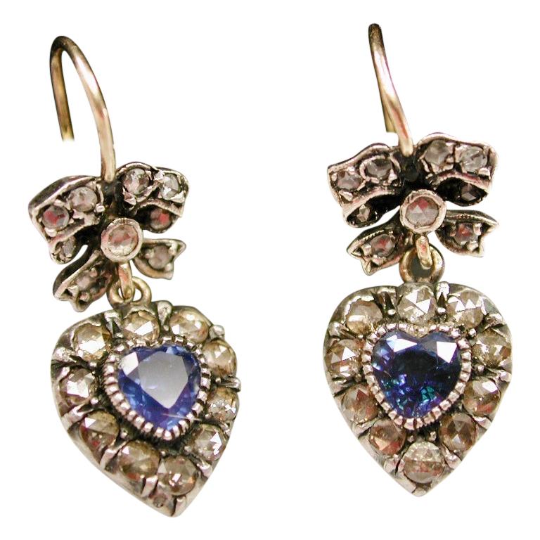Pair of Victorian 9ct Gold, Heart Shaped Sapphire & Diamond Earrings, Circa 1890