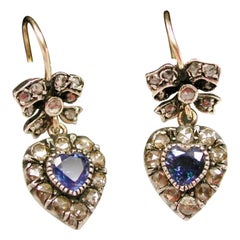 Pair of Victorian 9ct Gold, Heart Shaped Sapphire & Diamond Earrings, Circa 1890