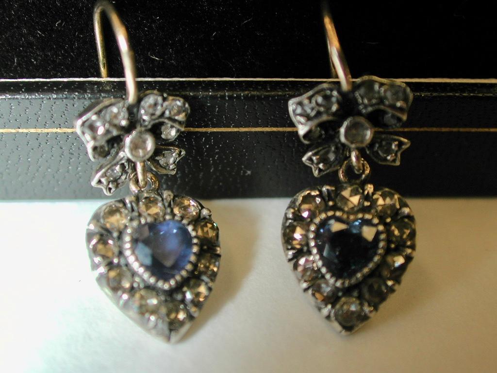 Heart Cut Pair of Victorian 9ct Gold, Heart Shaped Sapphire & Diamond Earrings, Circa 1890