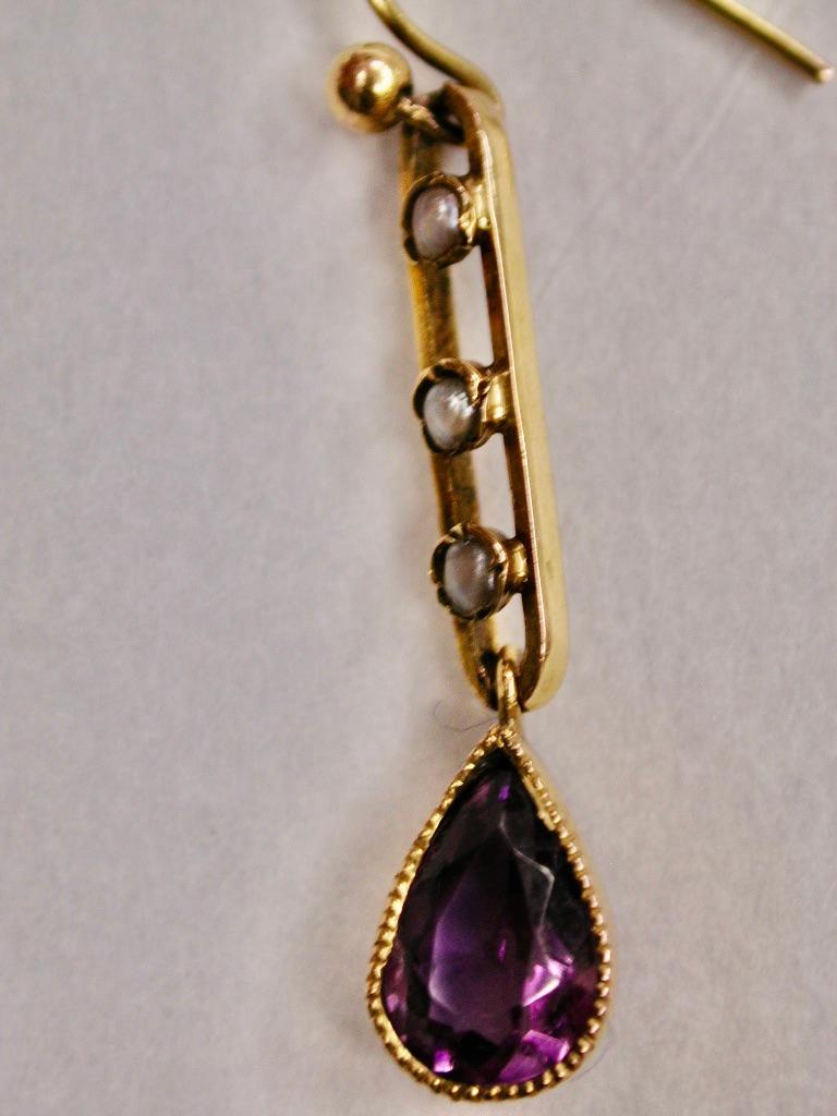 Pear Cut Pair of Victorian 9ct Gold Seed Pearl & Amethyst Drop Earrings, Dated Circa 1890 For Sale