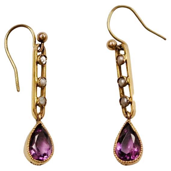 Pair of Victorian 9ct Gold Seed Pearl & Amethyst Drop Earrings, Dated Circa 1890 For Sale