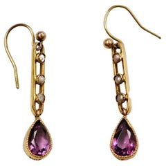 Antique Pair of Victorian 9ct Gold Seed Pearl & Amethyst Drop Earrings, Dated Circa 1890
