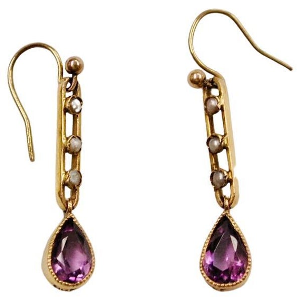 Pair of Victorian 9ct Gold Seed Pearl & Amethyst Drop Earrings, Dated Circa 1890
