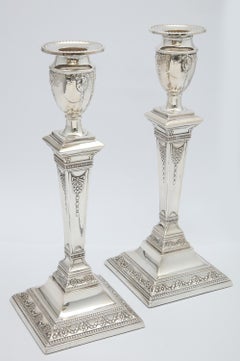 Pair of Victorian Adam-Style Sterling Silver Candlesticks