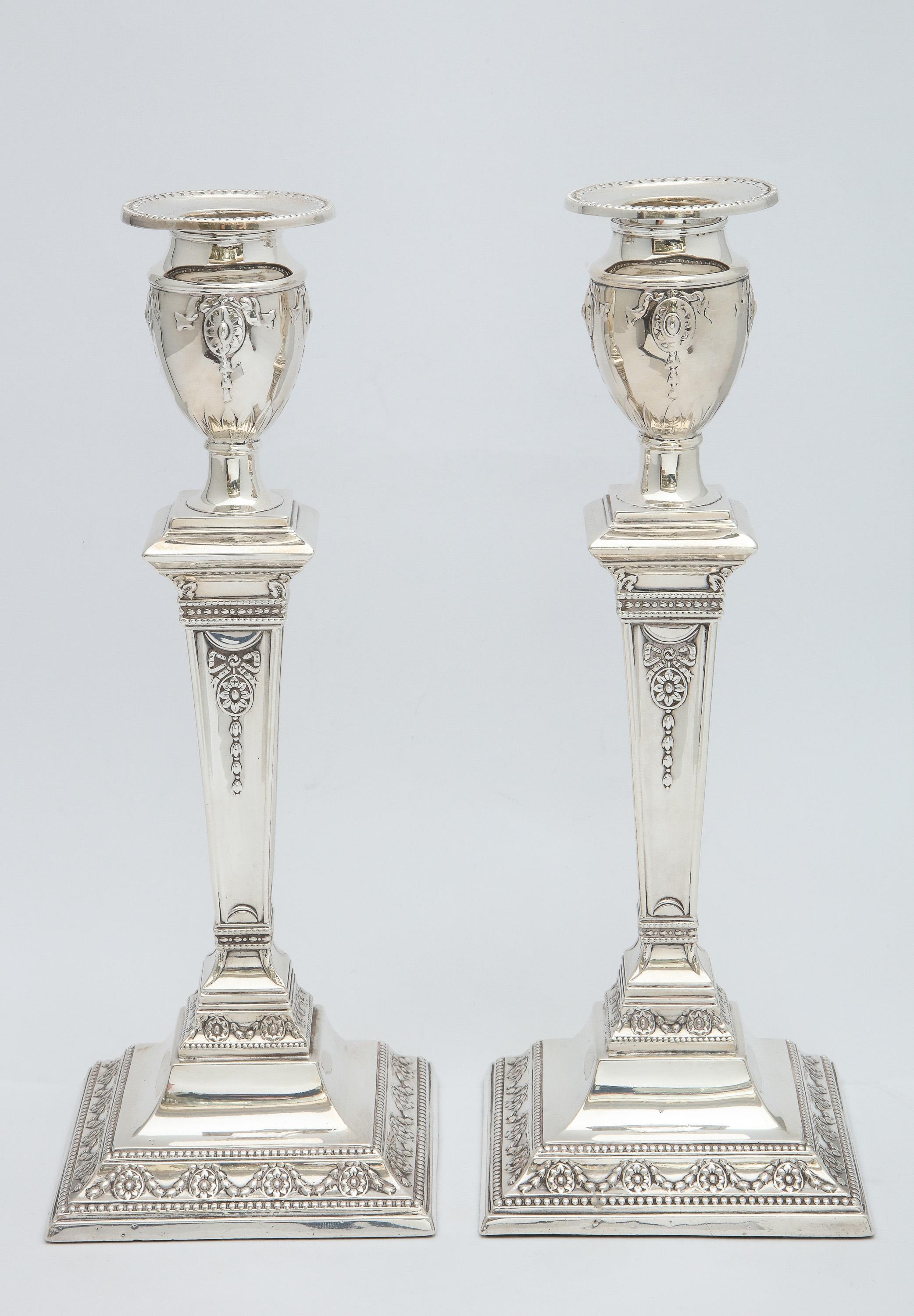 Adam Style Pair of Victorian Adam-Style Sterling Silver Candlesticks